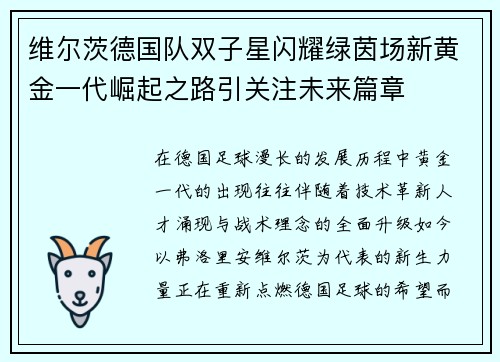 维尔茨德国队双子星闪耀绿茵场新黄金一代崛起之路引关注未来篇章